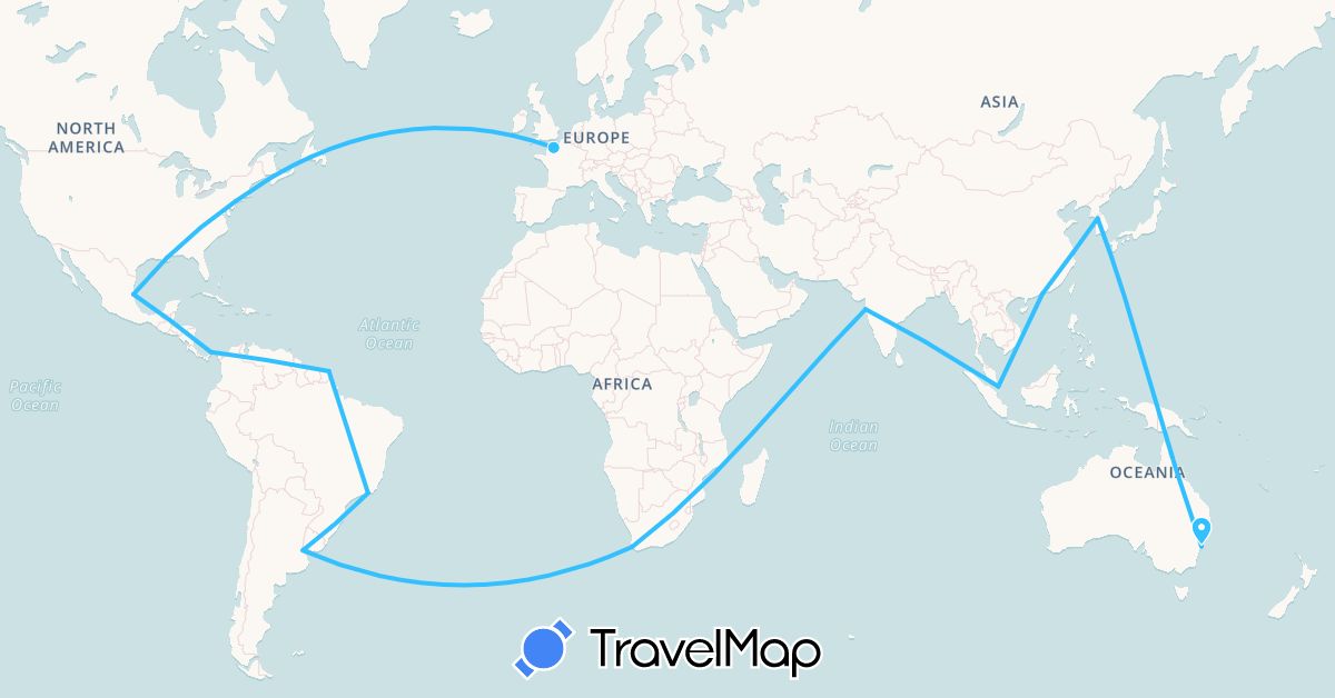 TravelMap itinerary: boat in Argentina, Australia, Brazil, China, French Guiana, Hong Kong, India, South Korea, Mexico, Panama, Singapore, United States, South Africa (Africa, Asia, North America, Oceania, South America)